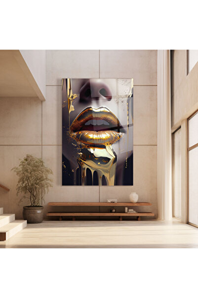 Arthub Tablou Sticla,Dormitor si Living, Black And Gold, Glamorous Gold Lips