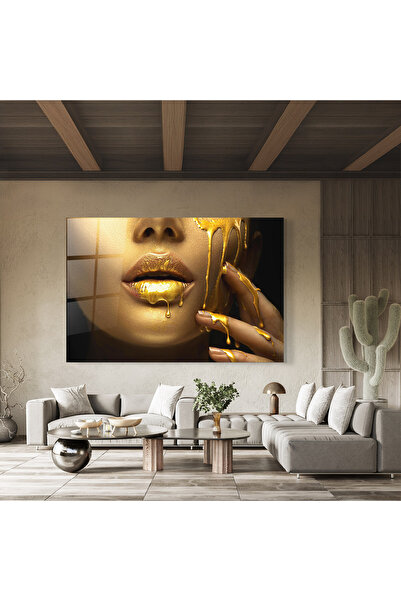 Arthub Tablou Sticla,Dormitor si Living, Black And Gold, Golden Lips