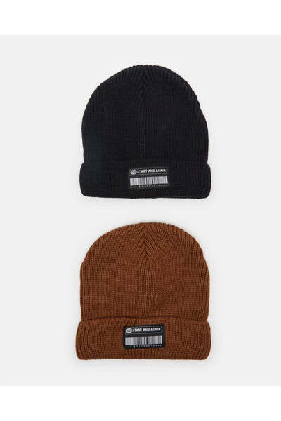 REDTAG Men Black And Brown Knitted Cap Set (Pack Of 2)