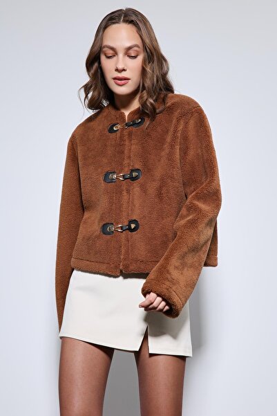 Antioch Coffee Embellished Buttoned Faux Fur Jacket