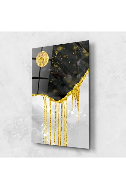 Arthub Tablou Sticla,Dormitor si Living, Arta Abstracta, Gold Moon And Birds