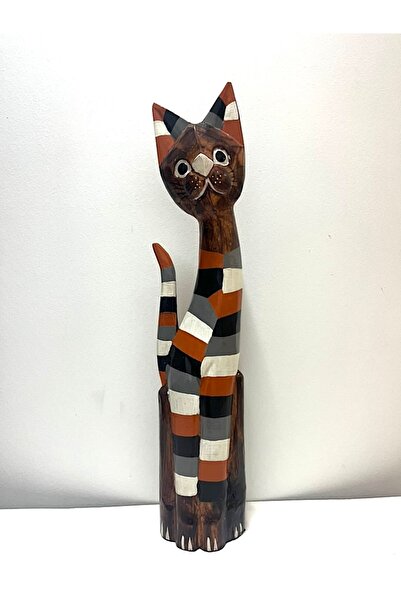 Barc Shop Ahşap Dekoratif Kedi Çizgili 60 cm Otantik Dekor Biblo