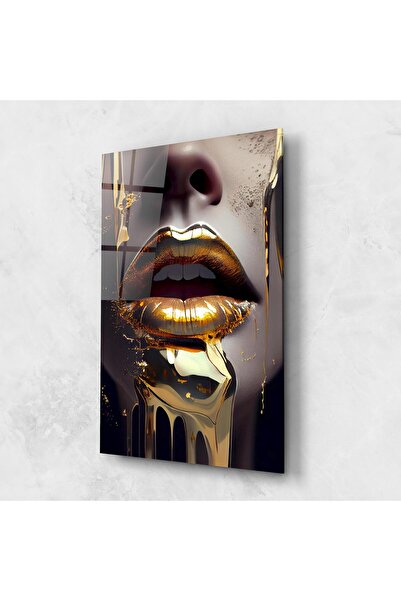 Arthub Tablou Sticla,Dormitor si Living, Black And Gold, Glamorous Gold Lips