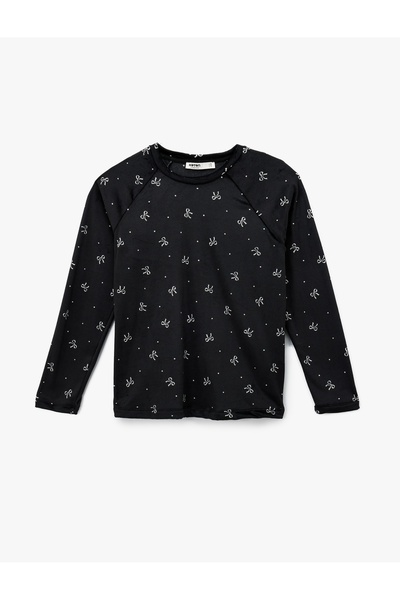 Koton Uzun Kollu Bisiklet Yaka Fiyonk Desenli Kadife Pijama Üstü