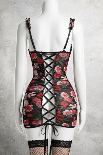 PEMBİŞ HOMEWEAR Vintage Gül Desenli Mini Gecelik Takımı (GECELİKSLİPJARTİYER FİLE ÇORAP)