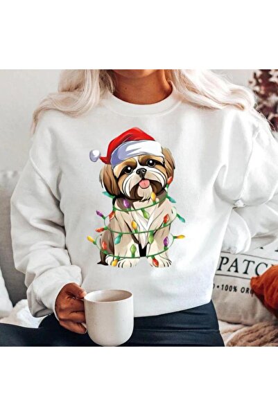 OEM Hanorac alb de Crăciun cu imprimeu de câine din bumbac 100%