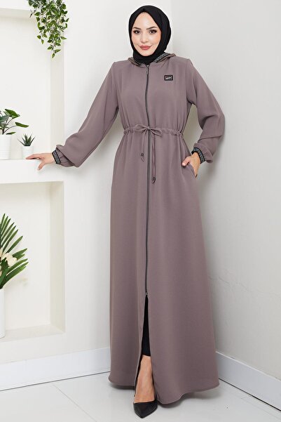 hafsamina File Hooded Tie-Up Ferace Light Brown Hm2360