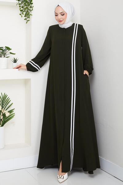 hafsamina Striped Detail Ferace Khaki Hm2846