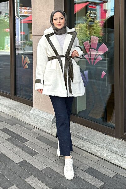 Gülşah collection Leather Garnished Velsoft Coat - Khaki