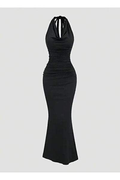 GZMBUTİK Kadın Şık Halter Boyun Büzgülü Elbise