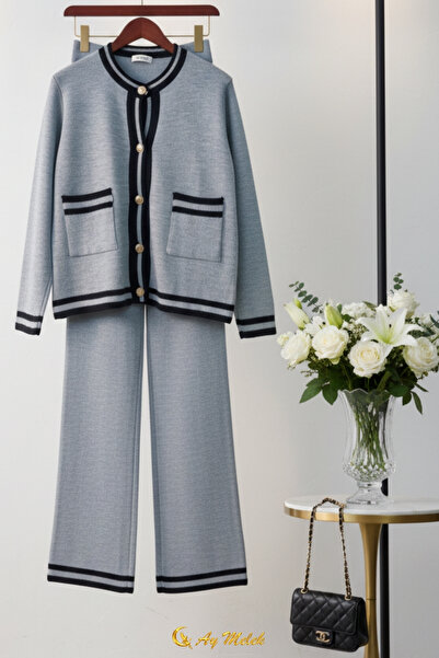 AYMELEK Women's Knitwear Set Striped Detail Button Cardigan and Pants Bottom Top Set