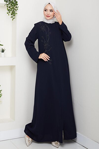 hafsamina Floral Detail Stone Embellished Ferace Navy Blue Hm2847