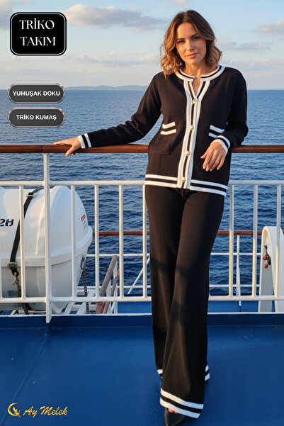 AYMELEK Women's Knitwear Set Striped Detail Button Cardigan and Pants Bottom Top Set