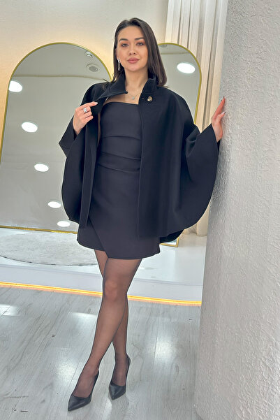 the ZKS Women's Single Button Belted Cashmere Poncho Beige, Black