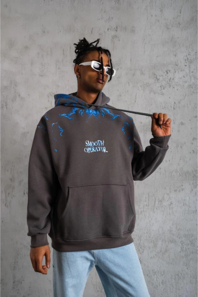 By Sevilen Collection Eyesof Men's Lightning Printed Hooded Sweatshirt - Gray