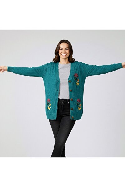 rushana Women's V-Neck Hair Braided Soft Textured Knitwear Cardigan