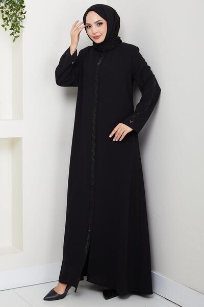 hafsamina Zikzak Taşlı Ferace Siyah HM2848