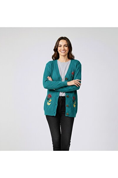 rushana Women's V-Neck Hair Braided Soft Textured Knitwear Cardigan