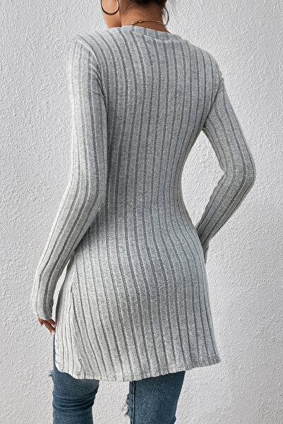 Imoda Women's Gray Button Detailed Square Neck Corded Fabric Long Sleeve Blouse with Asymmetric Hem