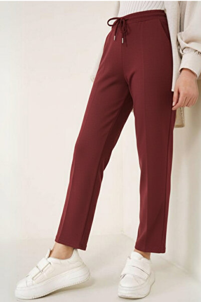 benguen 6624 Rope Detailed Elastic Waist Ankle Trousers Burgundy