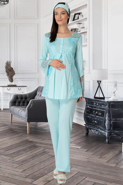 Mecit Pijama Şehzade Model, Maternity & Postpartum Pajama & Robe Set, Turquoise