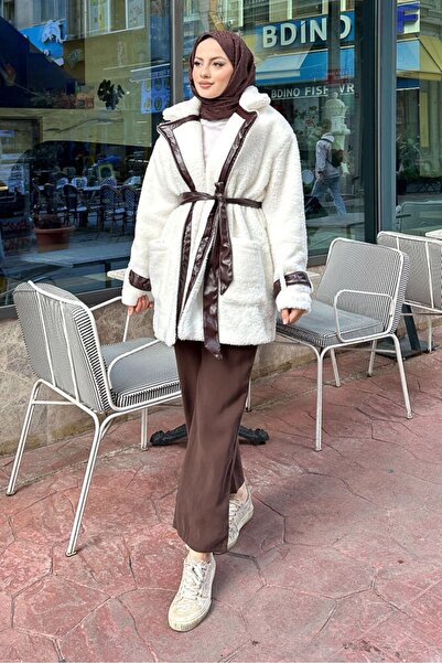 Gülşah collection Leather Garnished Velsoft Coat - Brown