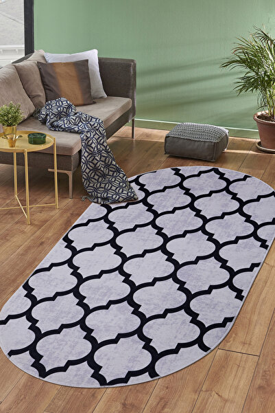 Dijidekor Digital Oval Fringeless Carpet Modern Designed Gray Color Erasable Floor Mat 160X200