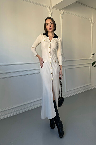 MAGARDE Polo Yaka Kolları Pileli Elbise- EKRU