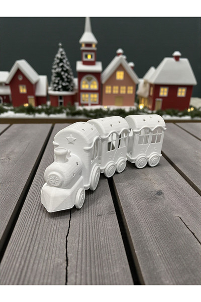 Root Made Yılbaşı Temalı Dekoratif Beyaz Noel Treni (1 Makinist + 2 Vagon) - Tealight Mumlu Yılbaşı Dekoru