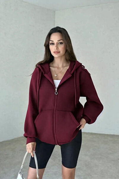 YAKAMEL Kadın 3 İplik Oversize Kapüşonlu Fermuarlı Hırka Sweatshirt