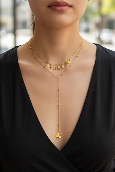 derokas Paslanmaz Çelik Harfli Kişiye Özel Trend Çelik Zincir Y Kolye Gold İs...