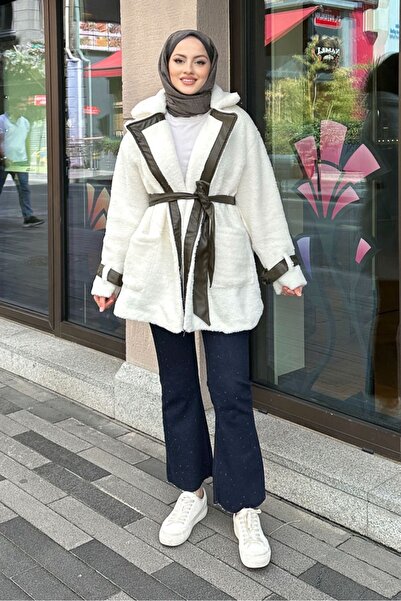 Gülşah collection Leather Garnished Velsoft Coat - Khaki