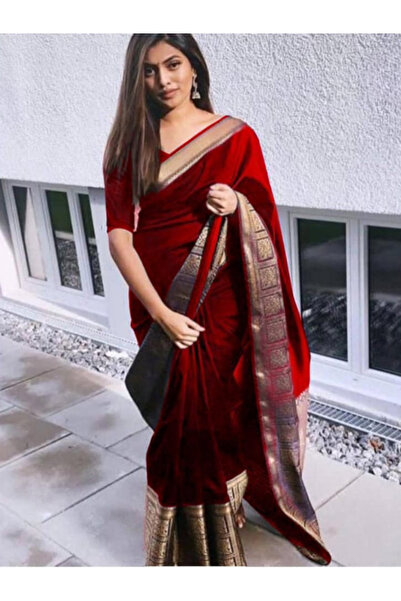 MYSMAR ساري حرير الليتشي الأحمر - FFT3868 | أحمر