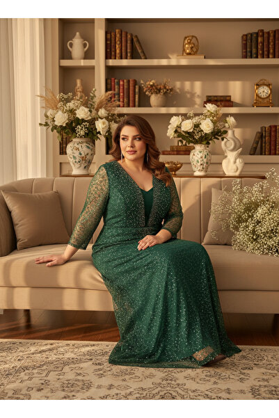 KIBRA DESİGN Beden Tesettür Abiye Elbise – Yeşil, Işıltılı, Premium Şık Davet Elbisesi