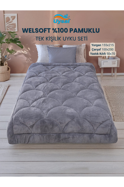 UYSAL WELSOFT AKFİL MİDYE DESEN TEK KİŞİLİK UYKU SETİ ANTRASİT 155x215