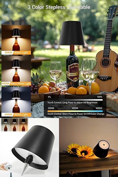 Yu Su Tools Şarjlı Dokunmatik Şişe Üstü Abajur – 3 Renk Ayarlı, Taşınabilir A...