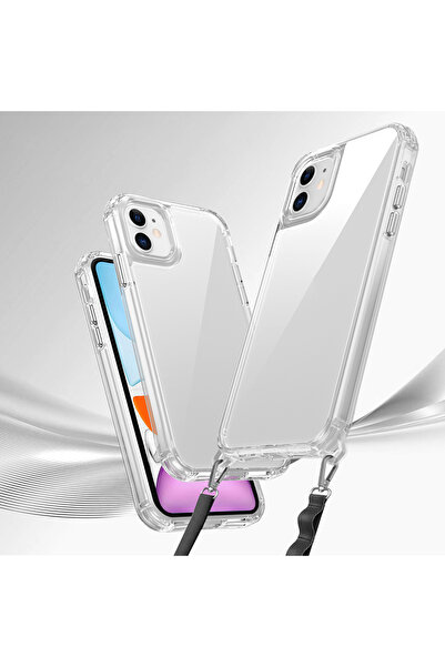 zore iPhone 11 Case Aihttgli Senk Snap Silicone Cover with Attachable Strap - Transparent