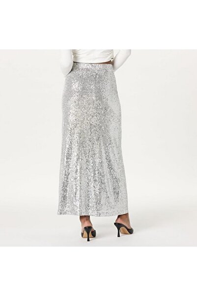 The Drop Adela women's sequin maxi skirt, silver, size M,