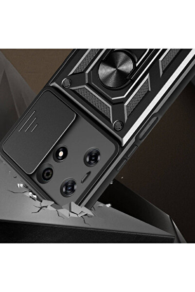 zore Tecno Spark 10 Pro Case Magnetic Stand Camera Protection Senk Sliding Vega Cover - Black