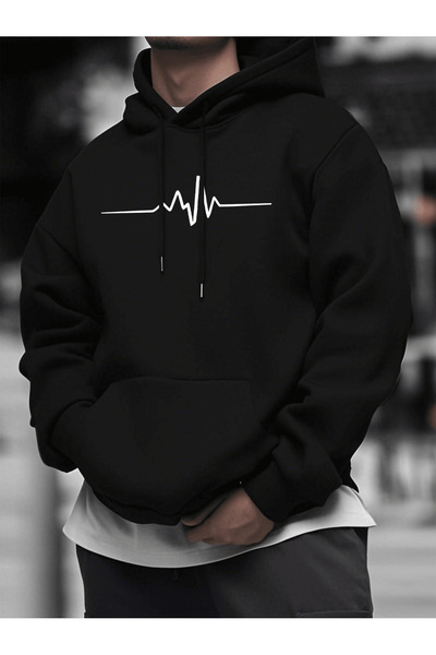 Soothing Space سويت شيرت للجنسين قصة فضفاضة بغطاء رأس منقوش بنمط نبضات القلب