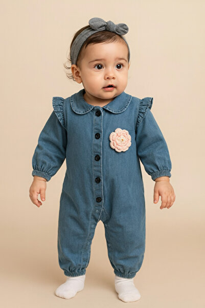 Necix's Rose Çiçekli Örgü Detaylı Kız Bebek Kot Tulum