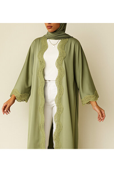 MayaCloset Premium Long Green Nidah Cap Ferace Abaya with Elegant Lace Trim