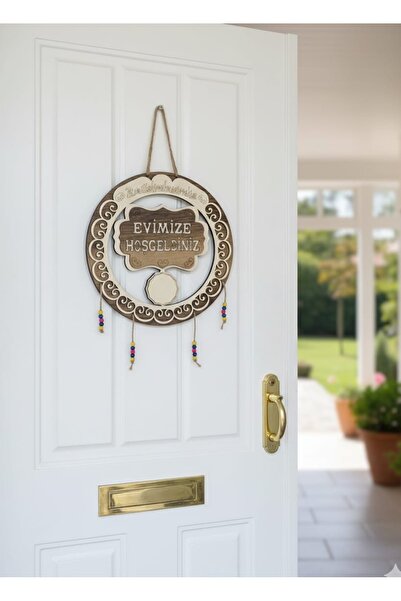 HomeBasics Ahşap Kapı Süsü Hoşgeldiniz Yazılı Boncuk Detaylı İp Askılı