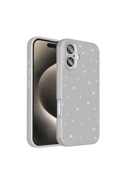 zore iPhone 16 Plus Case Camera Protected Glitter Luxury Senk Cotton Cover - Black