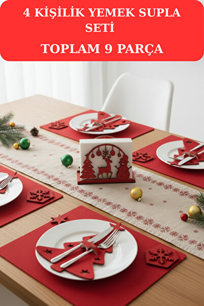 KAŞIKBEY Yılbaşı Temalı Tabak altlığı 4 KİŞİLİK Supla, Amerikan Servis Dekora...