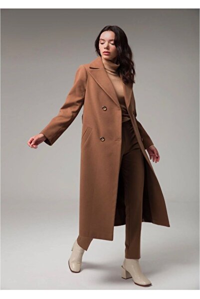 LİNORA Cashmere Coat Belted Coat Taba