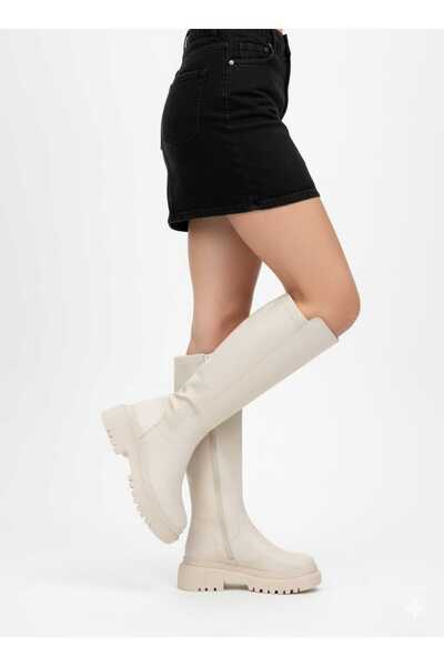 GNY AYAKKABI Women's Thick Sole Skin Colored Diver Fabric Boots