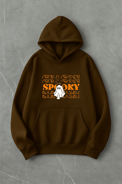 LORVEX قصة فضفاضة سويت شيرت مطبوع عليه Spooky Front للجنسين بغطاء رأس