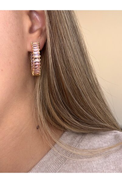 mysteriajewelry Swan Pembe Kristal Taşlı Halka Çelik Küpe (2 Adet)