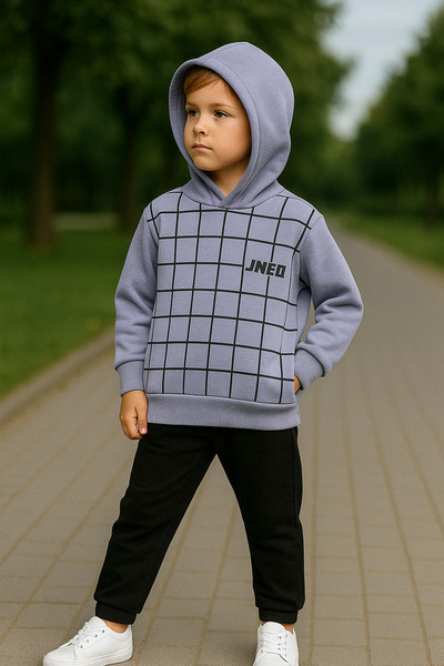 minikiss Hooded 3 Thread Ş Fleece-Lined 100% Cotton Boys' Bottom and Top Set